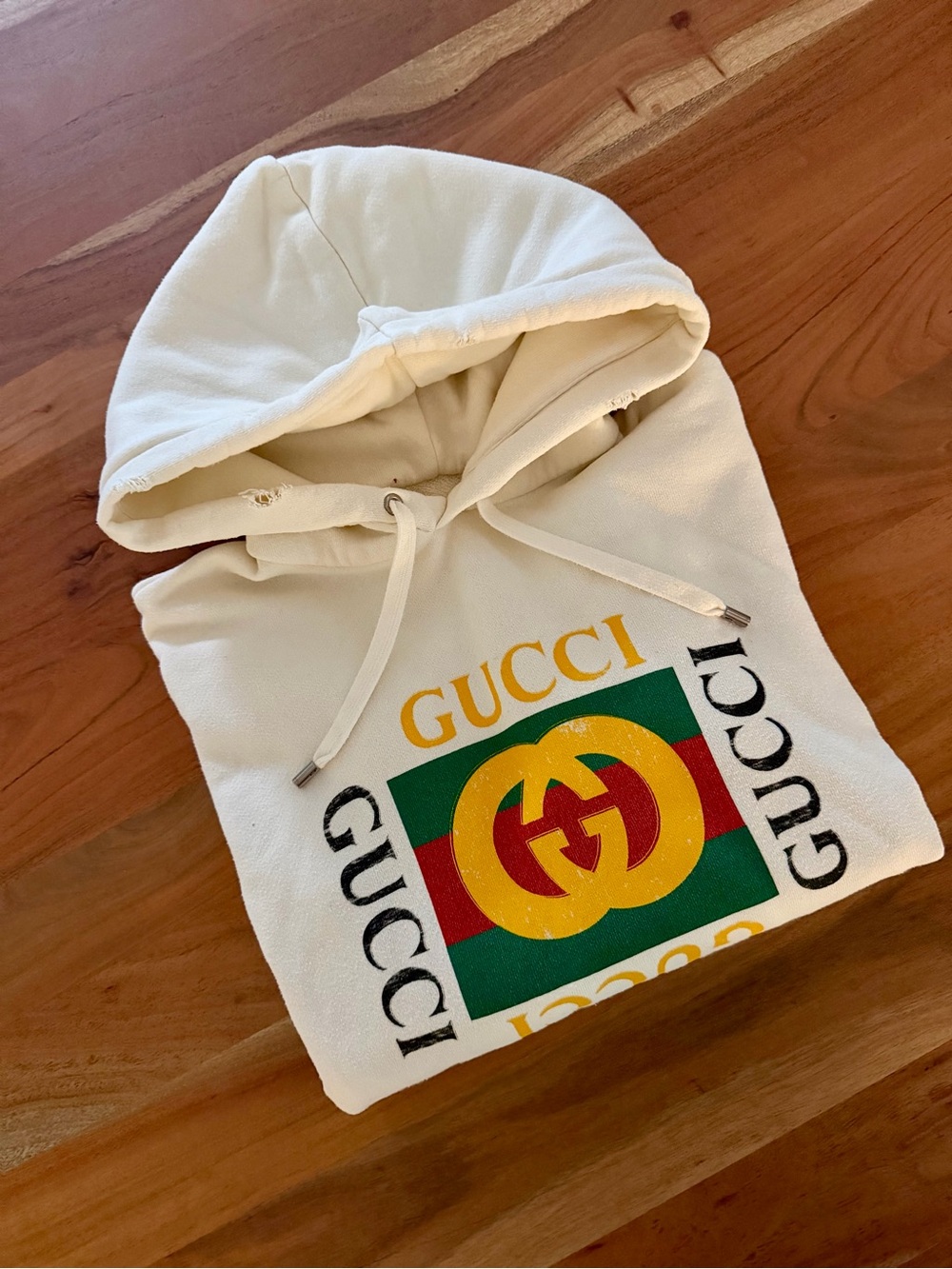 GUCCI Vintage Double Ring Logo Printed Hooded Drawstring Sweatshirt Ecru/Cream